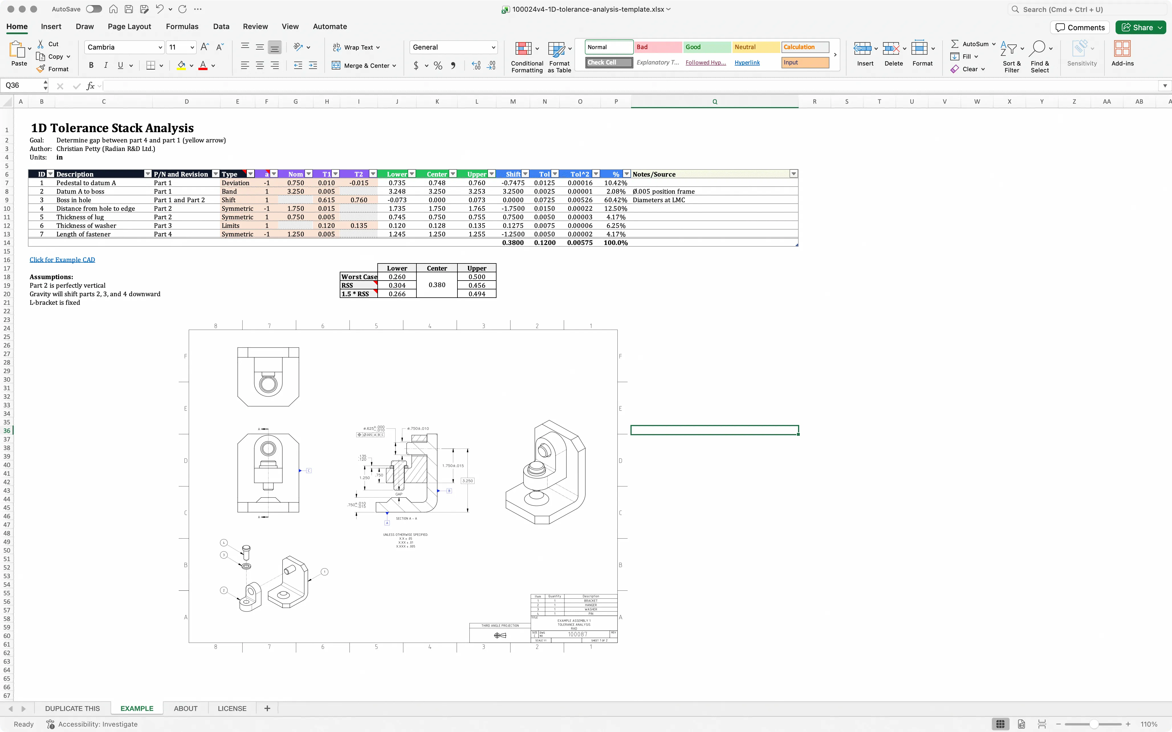 Screenshot of tolerance analysis template